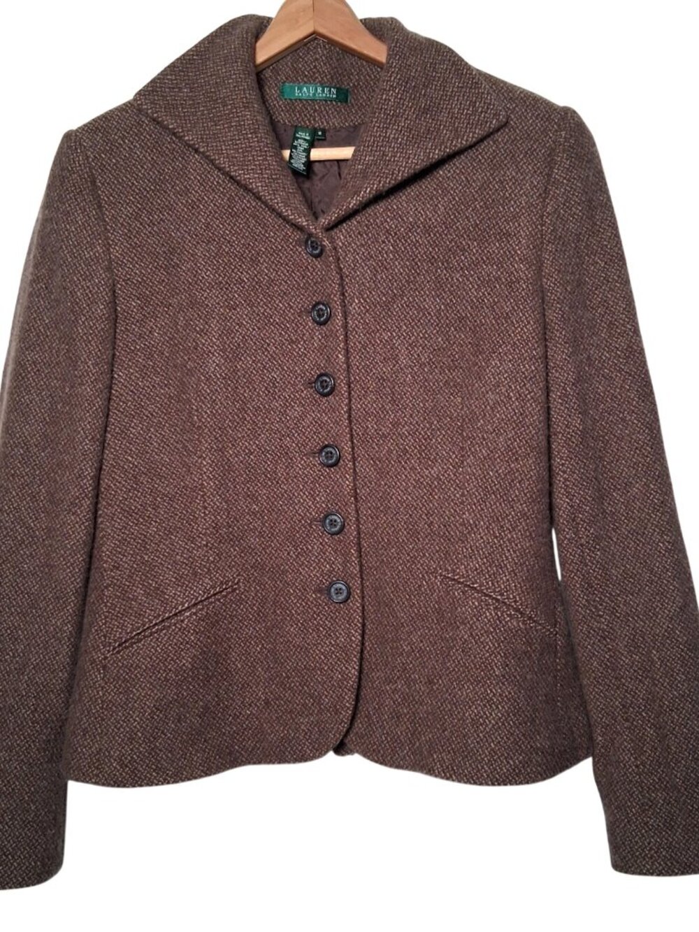 Lauren Ralph Lauren Tweed Blazer Jacket Women 10 Brown Wool Blend Short Classic - Picture 1 of 15